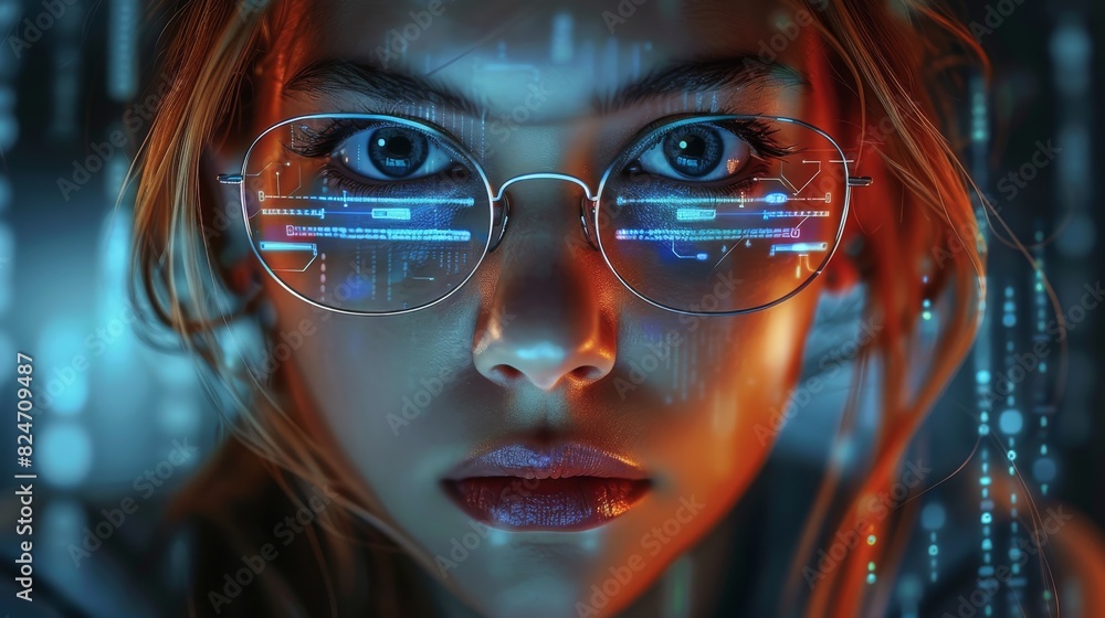 Poster cute woman software developer girl floating in the internet, deep web and hacking the code base. gen