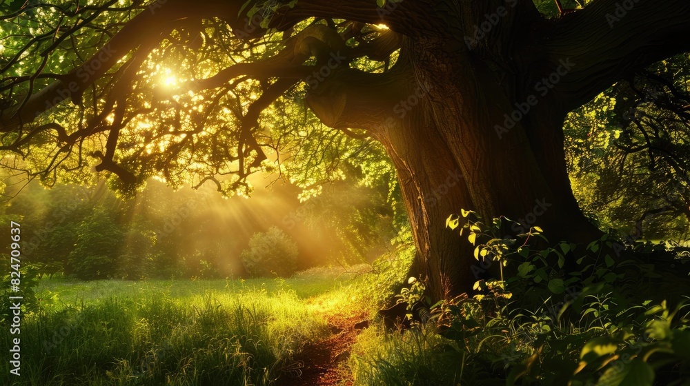 Poster sunlight filters through a lush tree canopy, casting a warm, serene glow over a tranquil forest path