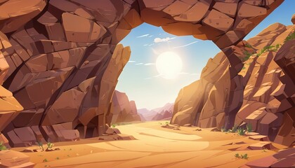 Midday Sunlight on Rock Arch in Desert Vector Art Background