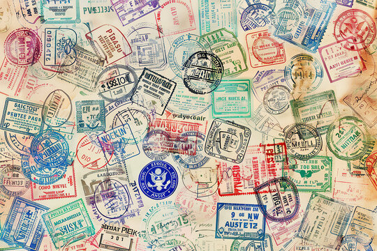 Various passport stamps from different countries. International travel and tourism. Colorful banner background