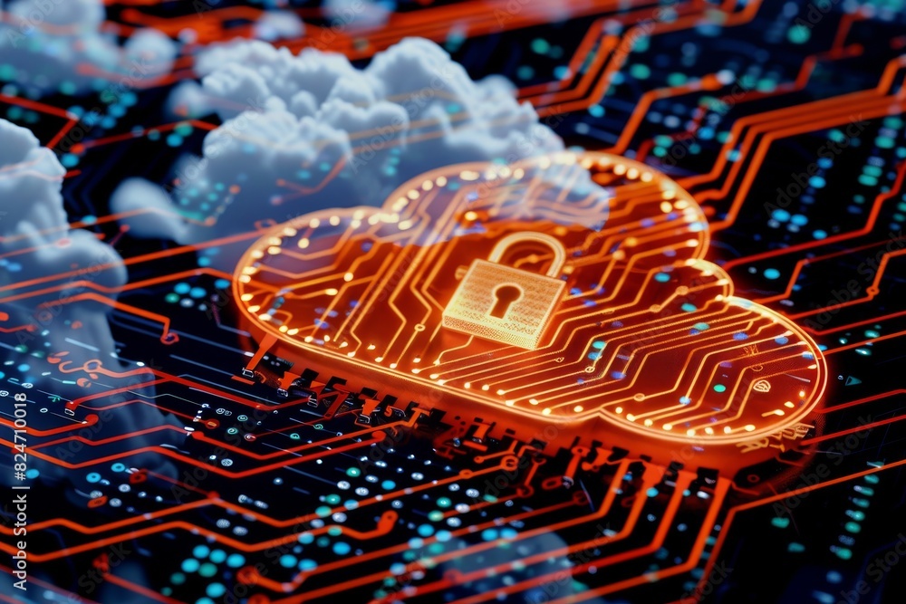 Poster dynamic cloud security illustration with digital network depicting global connectivity and data prot