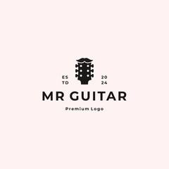 guitar with mustache logo. gentlemen musician logo design template