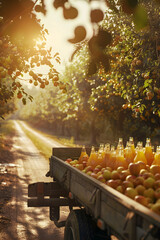 Fototapeta premium Cargo truck carrying bottles with apple juice in an orchard with sunset. Concept of food and drink production, transportation, cargo and shipping.