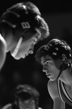 Black and white photo of two wrestlers. Suitable for sports or competition themes