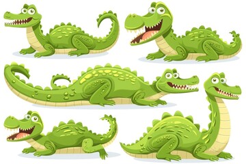 Obraz premium Set of cartoon crocodiles with various facial expressions, ideal for children's books or educational materials