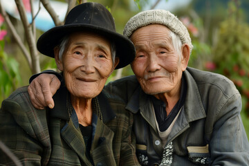 Fototapeta premium Two elderly people are smiling at the camera. Asian old couple, happy and hugging outside