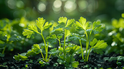 Closeup shot of bright green cilantro growing
