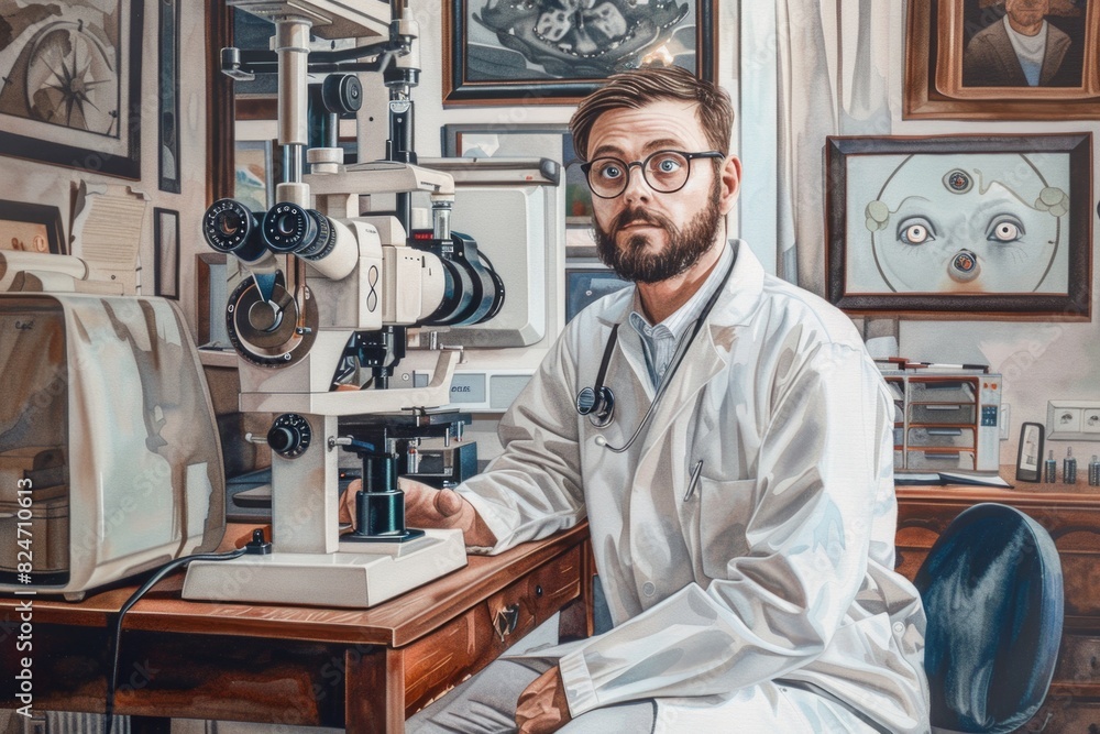Leinwandbilder a man in a lab coat sitting in front of a microscope. ideal for scientific and research concepts