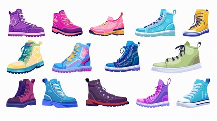 Set of Fashion Shoes, Boots. For Woman and Men. Web Icon. Flat Cartoon Isolated Illustration.