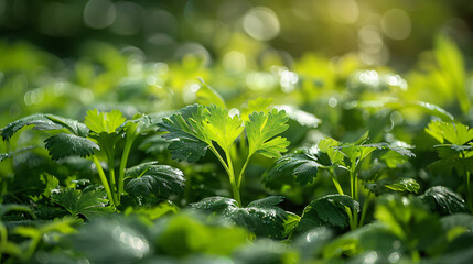 Closeup shot of bright green cilantro growing