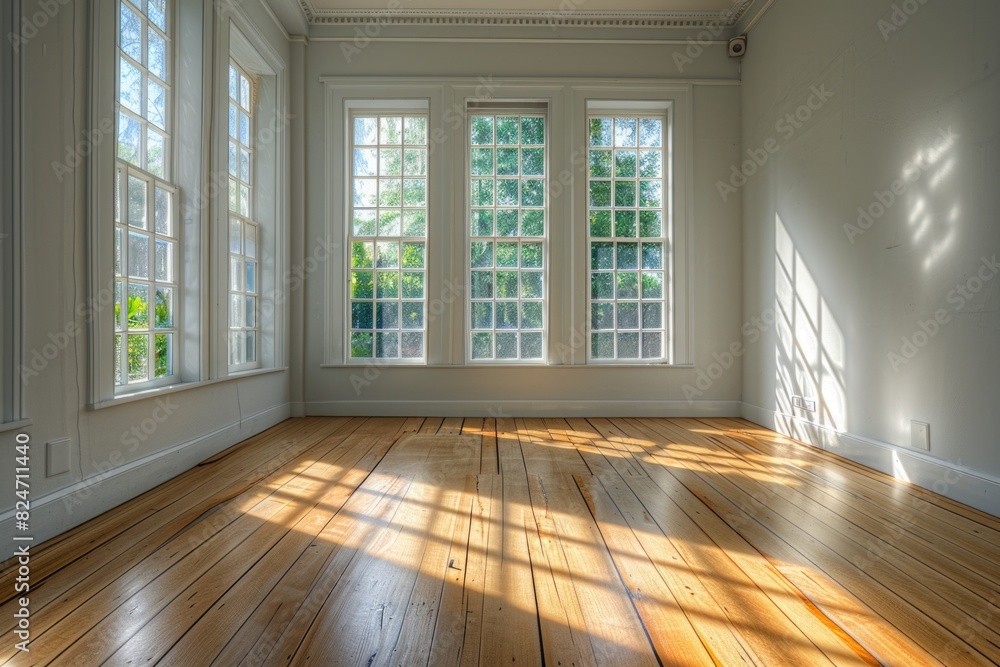 Poster Sunlight shining through the windows of an empty room. Suitable for interior design concepts