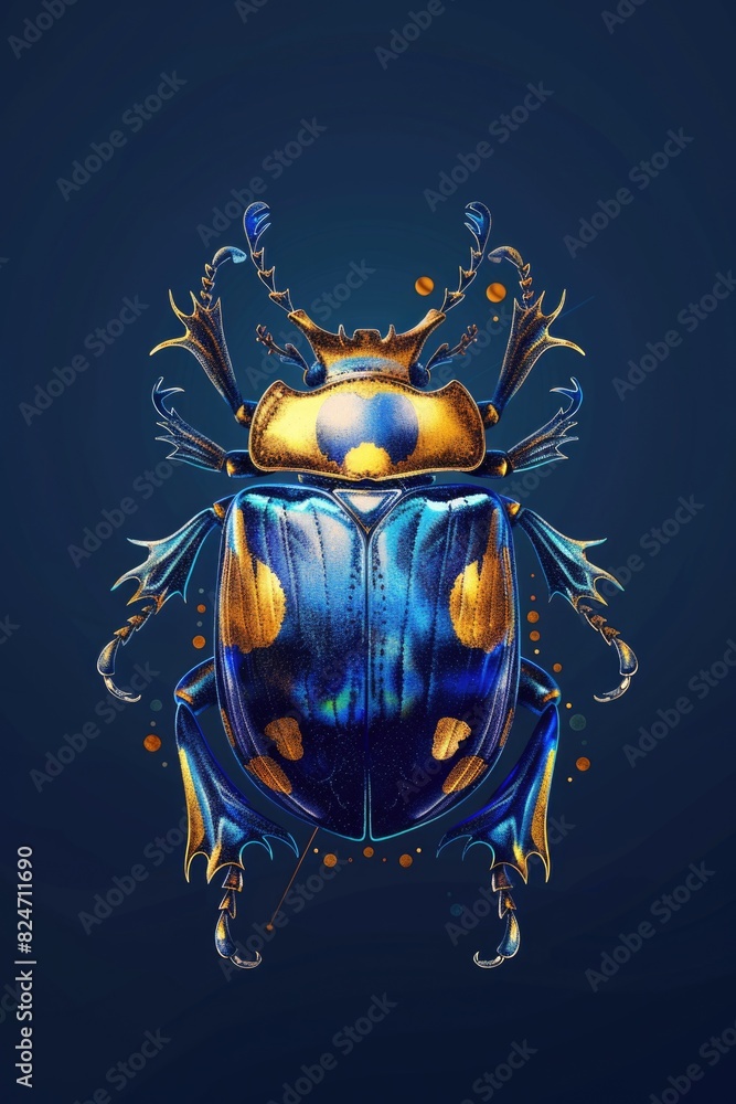 Poster a regal blue and gold bug with a crown on its head. suitable for various design projects