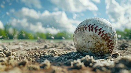 Baseball sitting on a dirt field, suitable for sports and outdoor themes