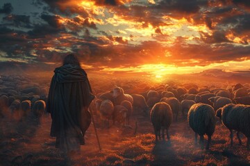 A man walking alongside a herd of sheep. Suitable for agriculture and rural lifestyle concepts