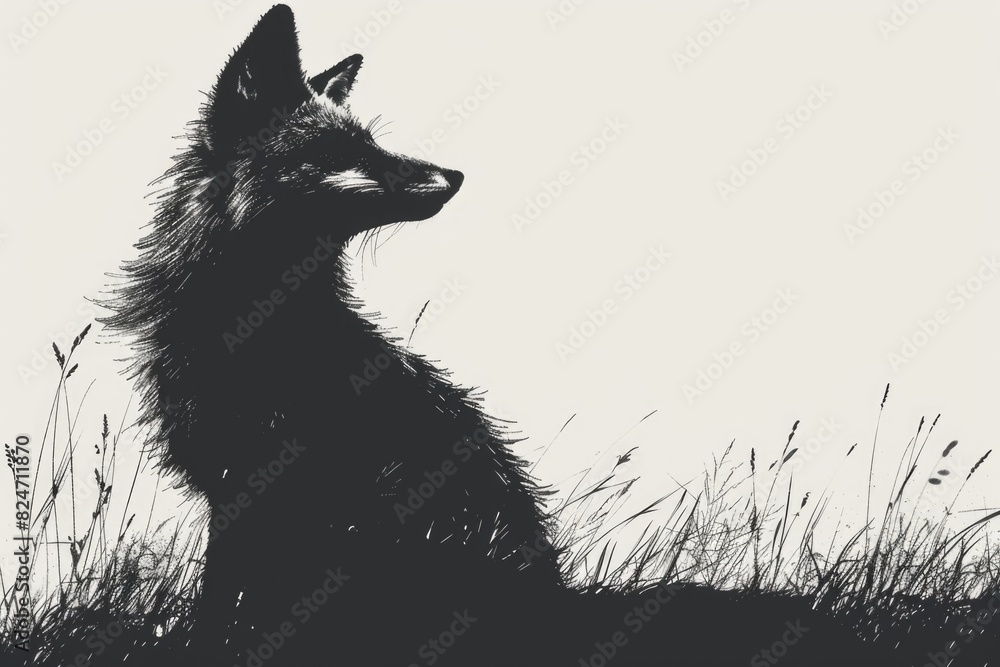 Poster a black and white photo of a dog sitting in the grass. suitable for various design projects