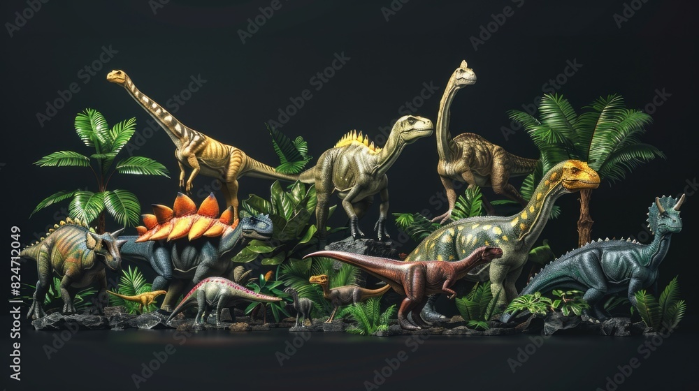 Poster group of different types of dinosaurs in a field. suitable for educational materials