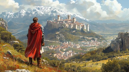A lone knight stands overlooking a sprawling medieval city nestled in a mountainous valley.
