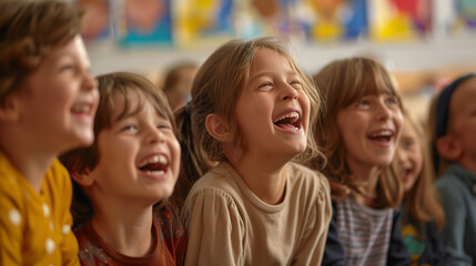 A group of children laughing and smiling in their classroom. Dynamic and dramatic composition, with cope space