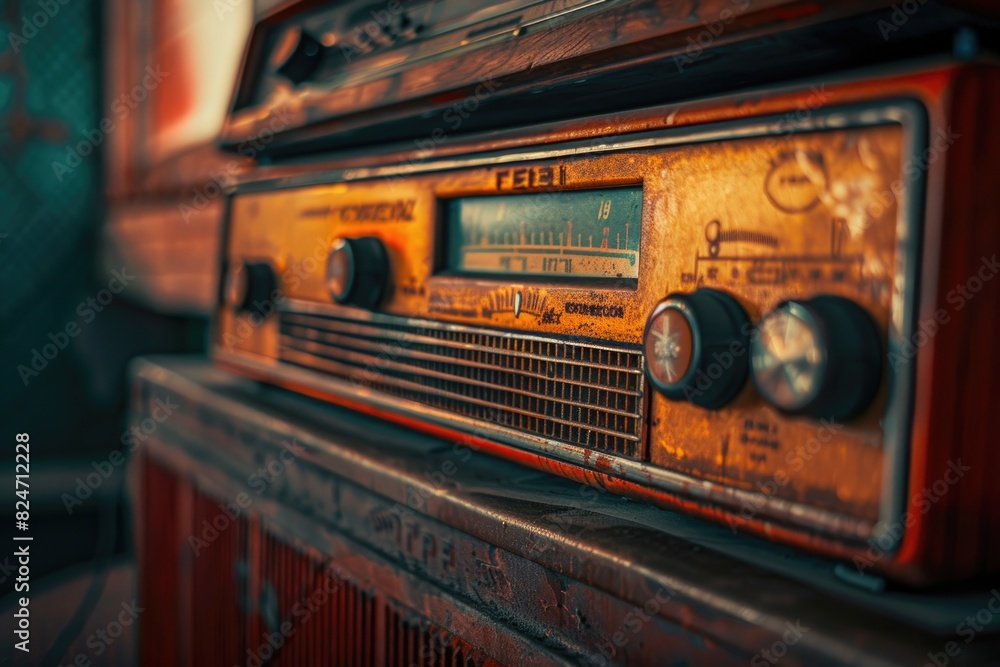 Poster an old radio placed on a wooden table. suitable for retro design projects
