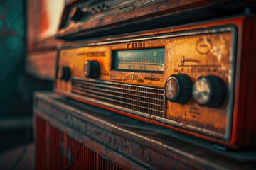 An old radio placed on a wooden table. Suitable for retro design projects