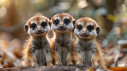 Closeup shot of three young meerkats in the nature