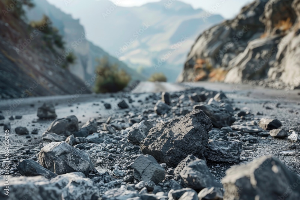 Poster scenic view of a rocky road with a majestic mountain in the background. ideal for travel and adventu
