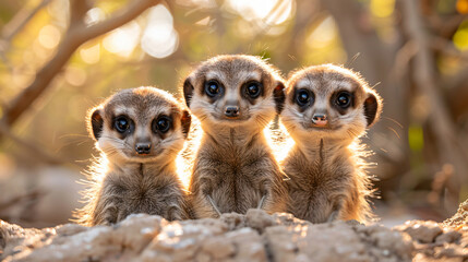 Closeup shot of three young meerkats in the nature