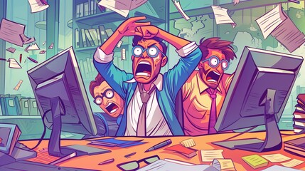 Cartoon depicting panicked workers, chaos in the office, stress, and deadlines in a humorous manner.