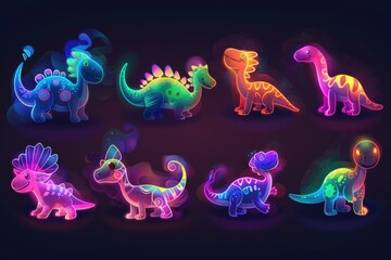 A collection of brightly colored dinosaurs on a dark backdrop. Perfect for educational materials or children's products