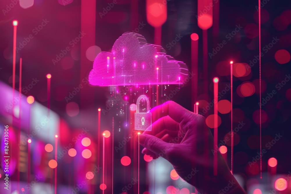 Poster dynamic cloud security illustration depicting secure networks and data protection in a blue and whit