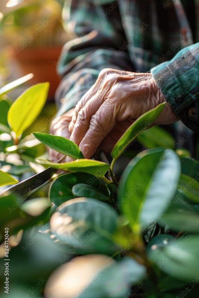 Poster A person cutting leaves with a pair of scissors. Suitable for gardening or nature concepts