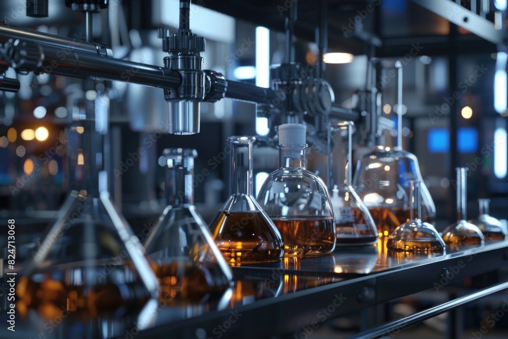 Poster A row of glass flasks displayed on a metal shelf. Ideal for scientific and laboratory concepts