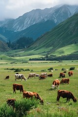 Cattle grazing on a vibrant green field, suitable for agricultural and nature concepts