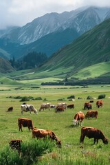 Fototapeta premium Cattle grazing on a vibrant green field, suitable for agricultural and nature concepts