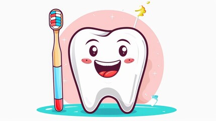 An isolated white background depicts a cartoon tooth character with toothbrush and dental floss. Dental care concept. Modern illustration.