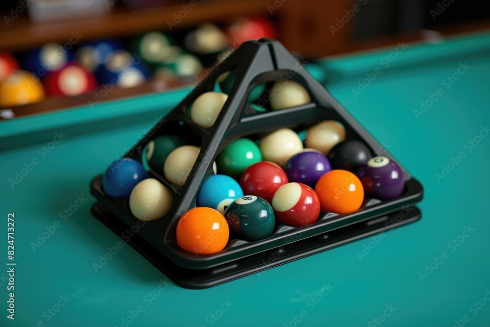 Poster a unique triangle shaped pool table with colorful balls. perfect for billiards enthusiasts