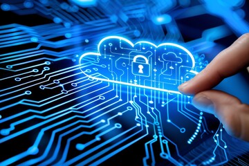 Comprehensive Cloud Security Illustration Featuring Multiple Devices and Secure Network Integration in a Blue and White Theme