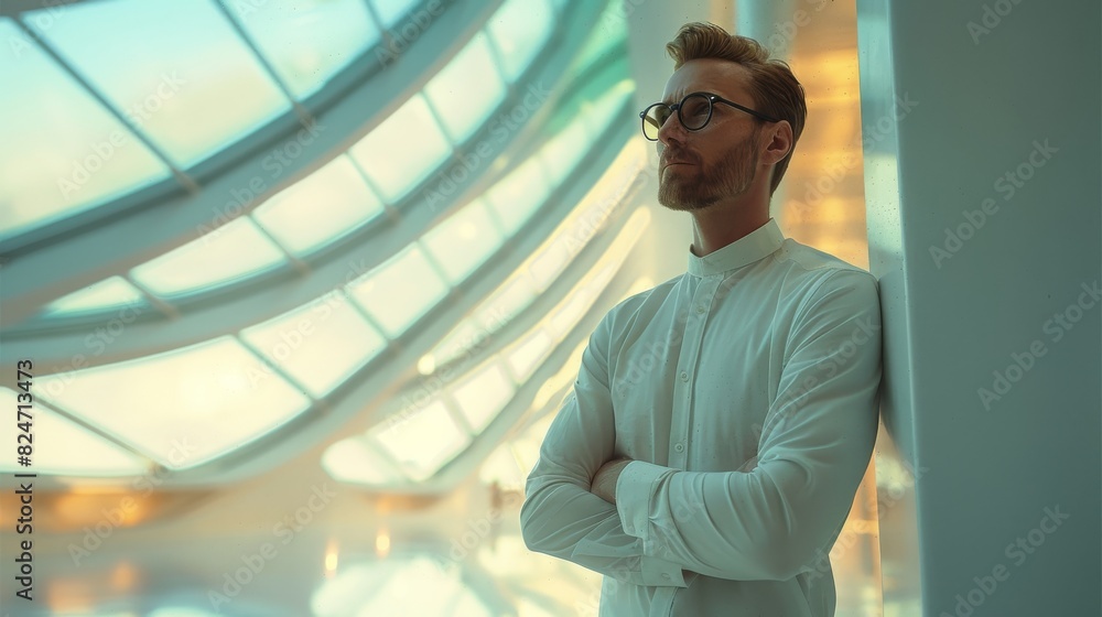 Poster a sophisticated software analyst in a leader posture, natural light, modern architecture. generative
