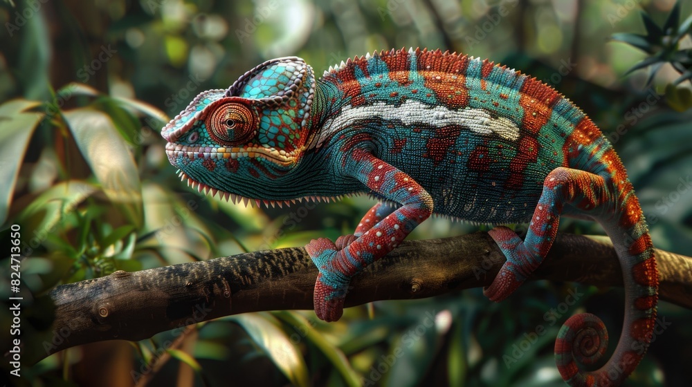 Sticker A vibrant chameleon perched on a branch, suitable for nature-themed designs