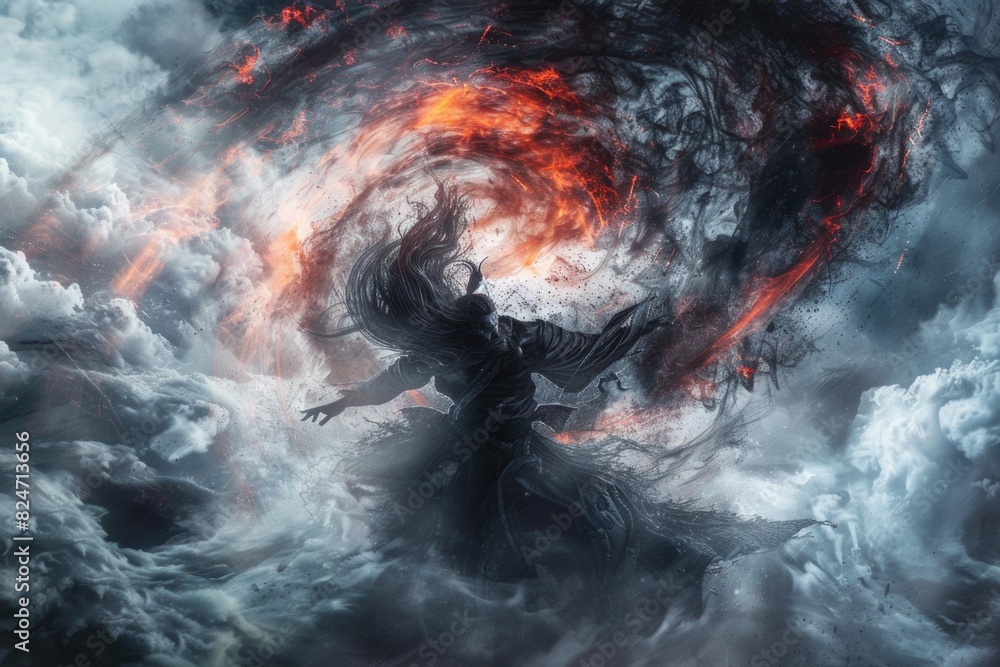 Poster a person standing in the middle of a cloud filled sky. suitable for inspirational or dreamy concepts