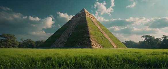  large pyramid covered with green grass towered in front