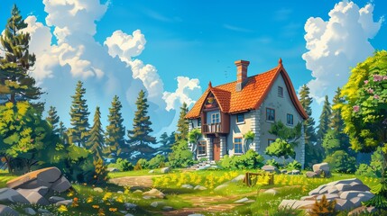 In this cartoon, a beautiful rural brick house is set in the forest on a meadow.
