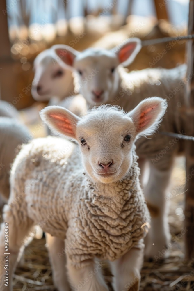 Poster A group of sheep standing next to each other. Suitable for agricultural themes