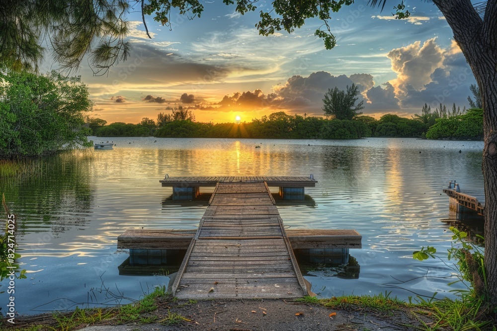 Poster a serene scene of a dock on a lake with a beautiful sunset in the background. ideal for nature and t