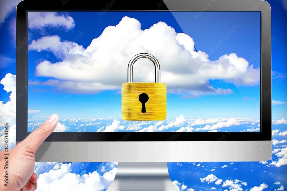 Poster dynamic cloud security illustration depicting secure networks and data protection in a blue and whit