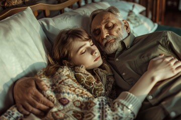 Fototapeta premium An older man and a young girl laying in bed. Suitable for family and healthcare concepts