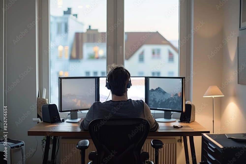 Poster a person sitting at a desk with dual monitors. suitable for business and technology concepts