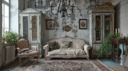 A cozy, shabby-chic living room with a plush, distressed-wood sofa, a vintage, floral-patterned...