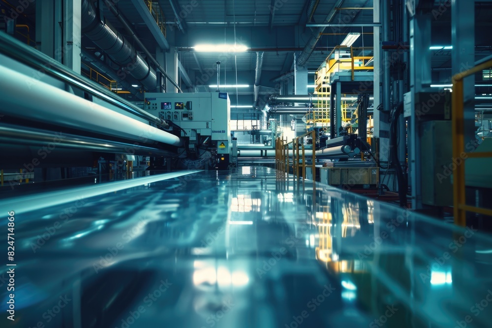 Poster A busy factory filled with various machines. Suitable for industrial concepts