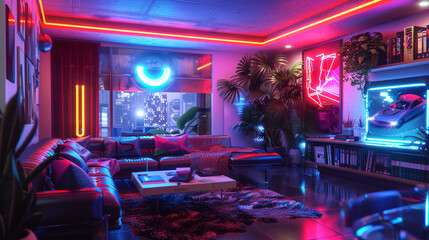 A cyberpunk living room with neon lights, a holographic display, and futuristic furniture. 